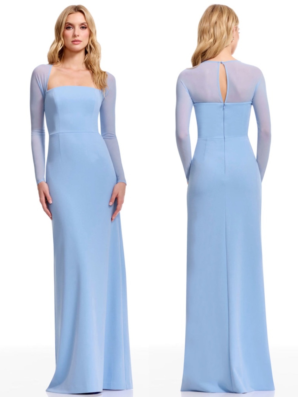 NEW DRESS THE POPULATION Sky Blue Crepe MAXWELL Square Neck Long Sleeve GOWN XS